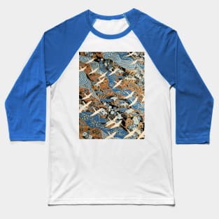 FLYING WHITE CRANES ON BLUE WATER AND SPRING FLOWERS Antique Japanese Floral Baseball T-Shirt